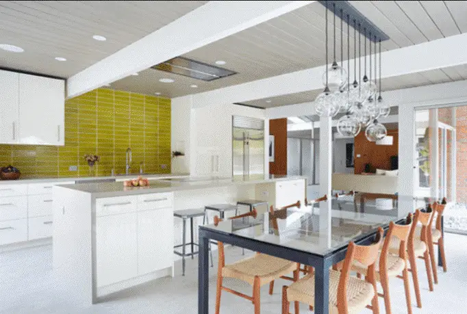A modern kitchen with dining mid-century design style
