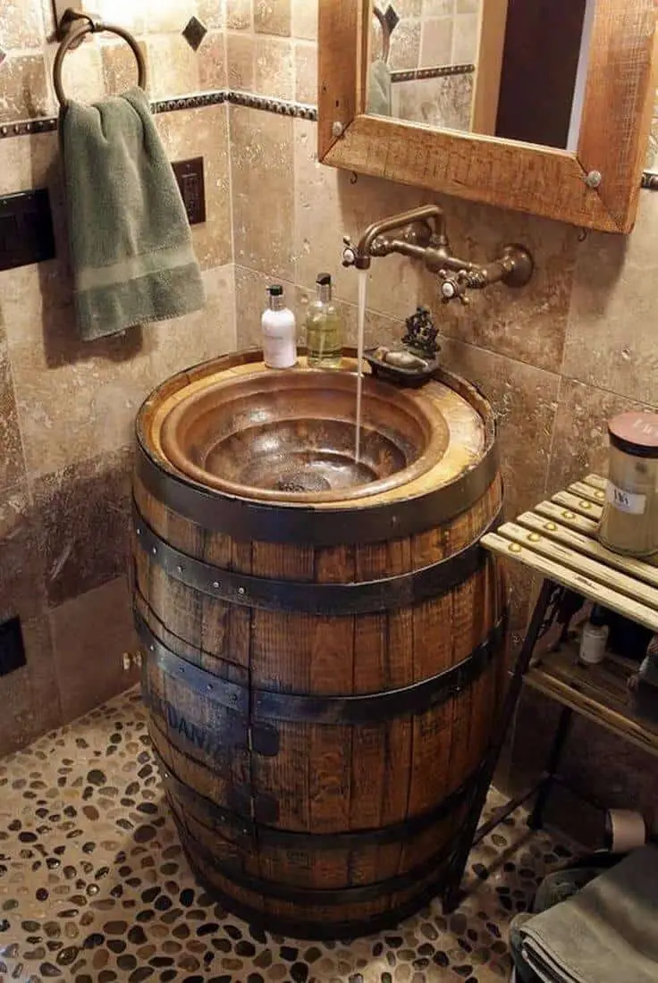 Reused Whiskey Barrel Sink For A Rustic Bathroom