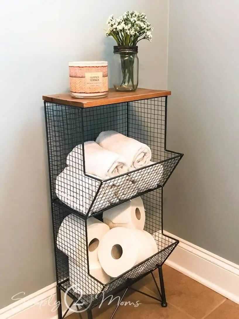 Wired Storage Space In A Rustic Bathroom